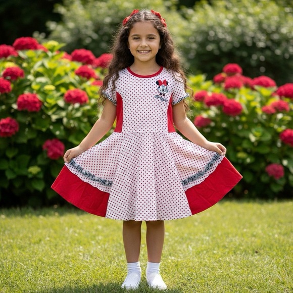 Disney Parks Minnie Mouse Girls Large Red Polka Dot Ruffle A-Line Twirl Dress - Picture 1 of 11